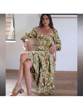 Reformation Mica Orange Grove Olive Green & Orange Floral Square-Neck Midi Dress